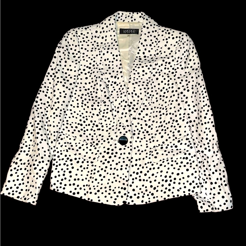 Black and white polka dots long sleeve Kasper jacket/ blazer petite 8